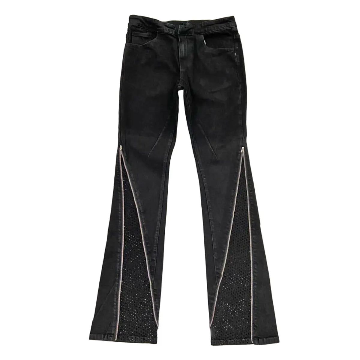 Zip Black Stone Stacked Flare Jeans Jet Black