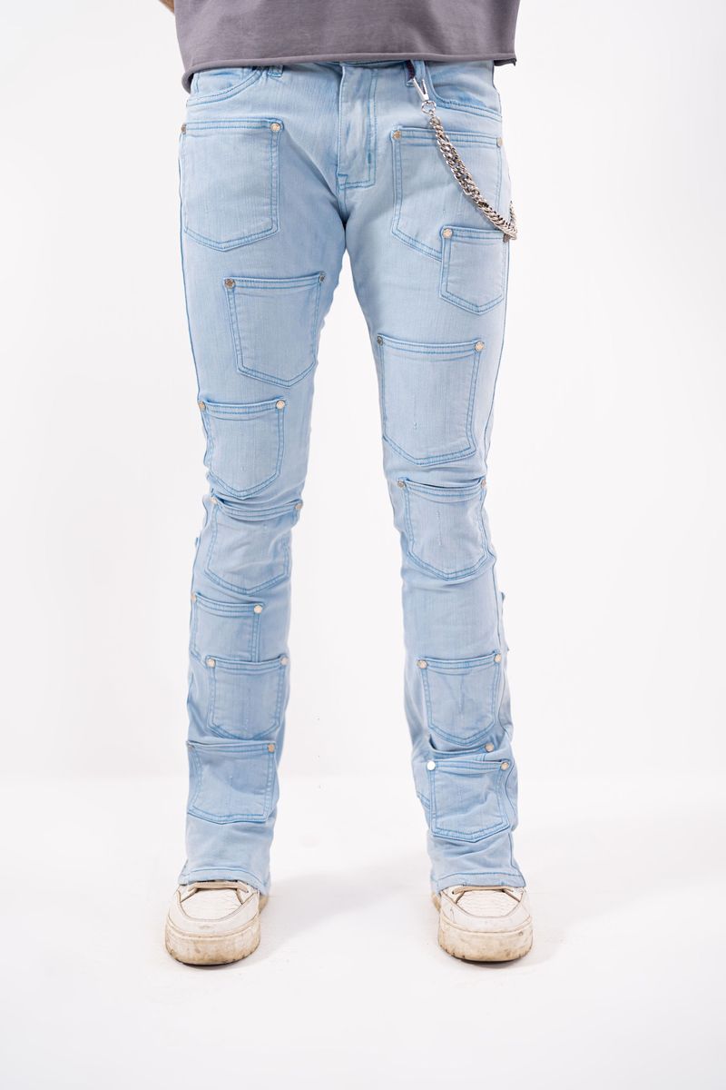 Cuban Link Mens Stacked RIVETS Jeans Blue Washed