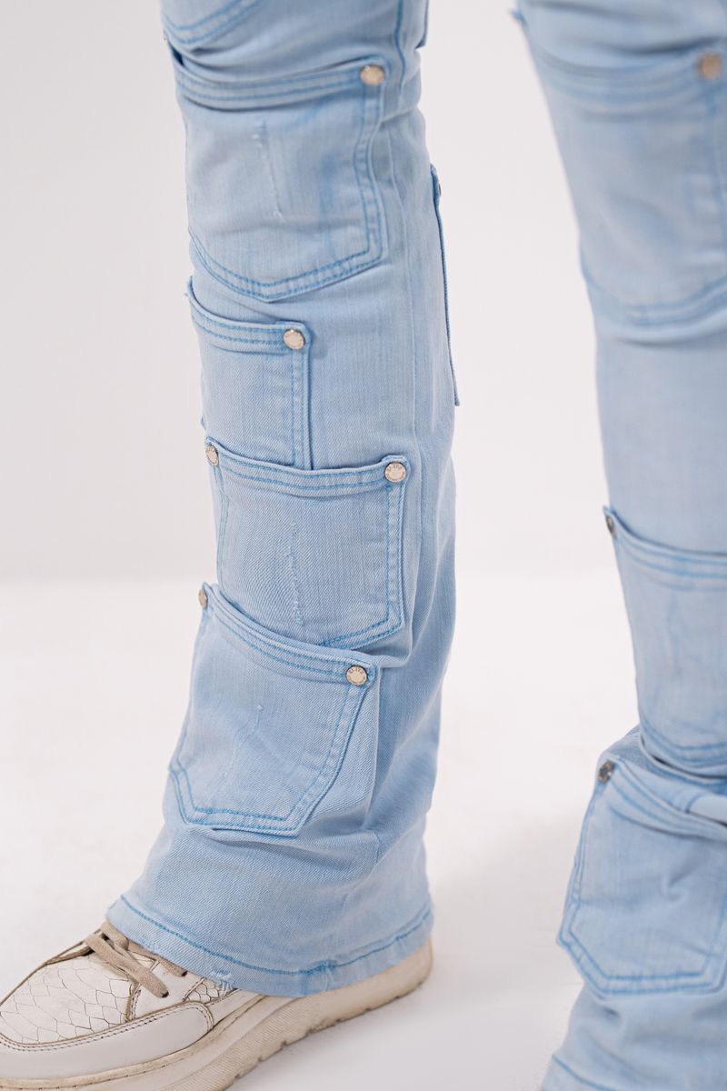 Cuban Link Mens Stacked RIVETS Jeans Blue Washed