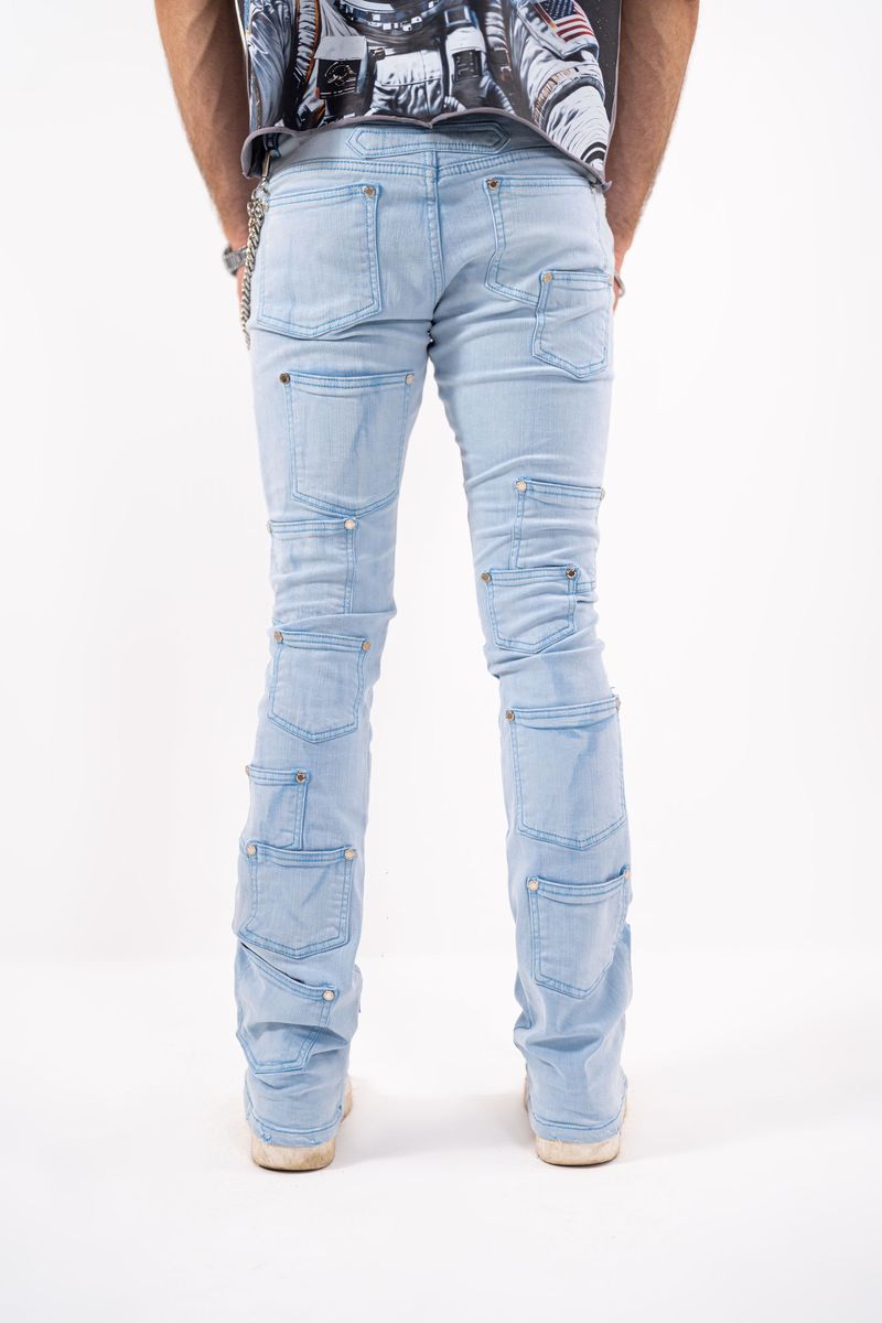 Cuban Link Mens Stacked RIVETS Jeans Blue Washed