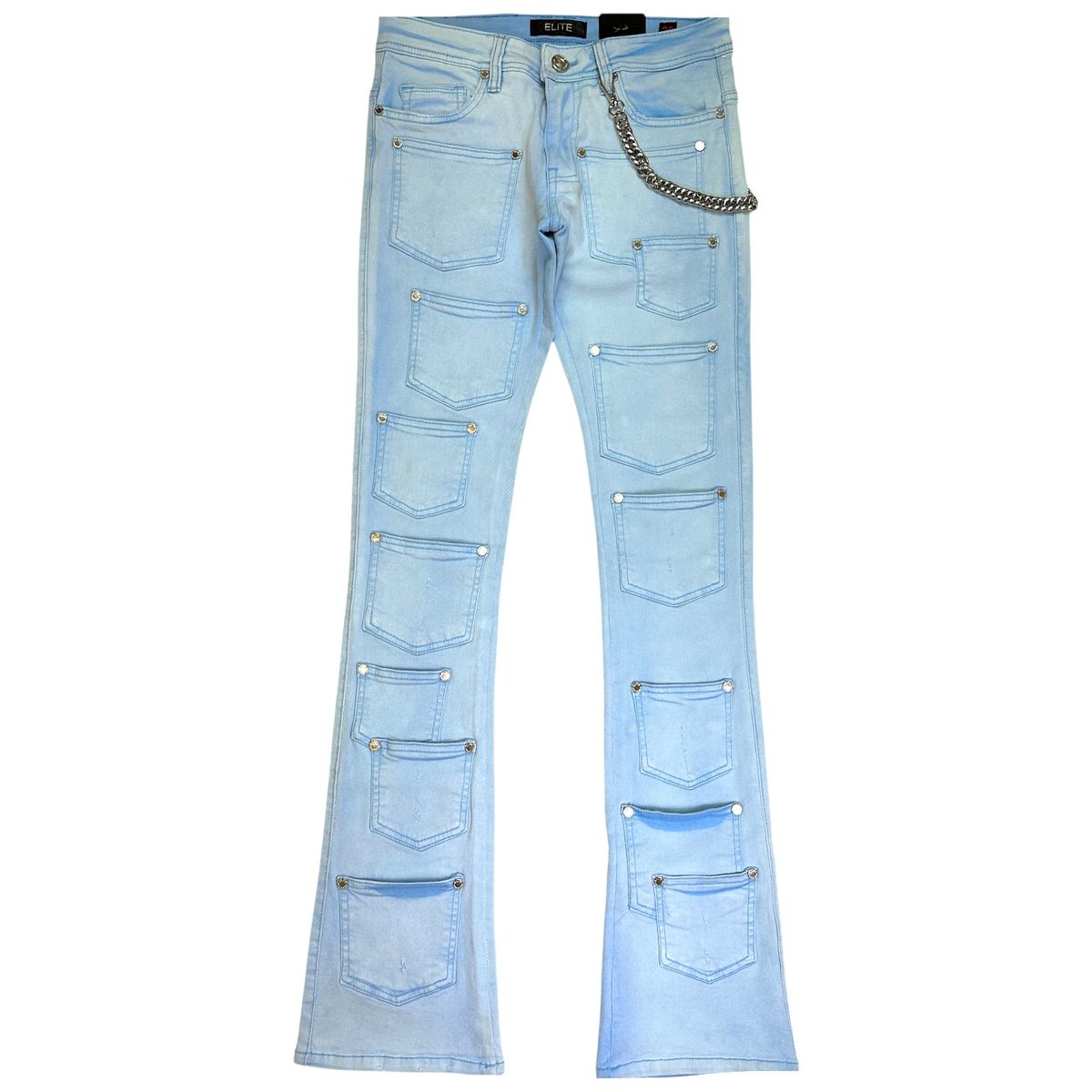 Cuban Link Mens Stacked RIVETS Jeans Blue Washed