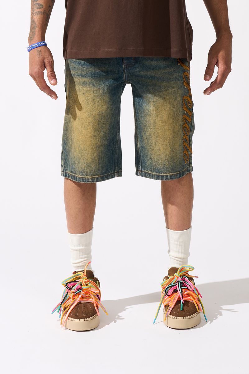 Serenede Side Script Dark Denim Shorts