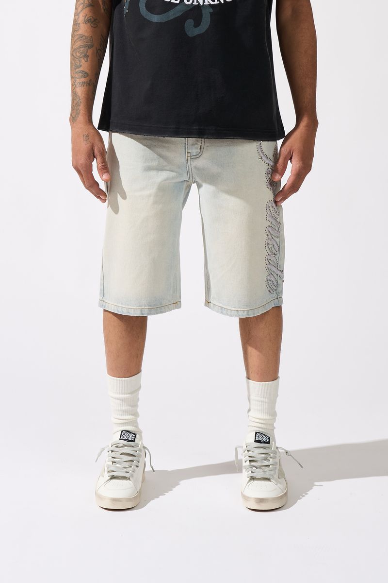 Side Script Light Denim Shorts