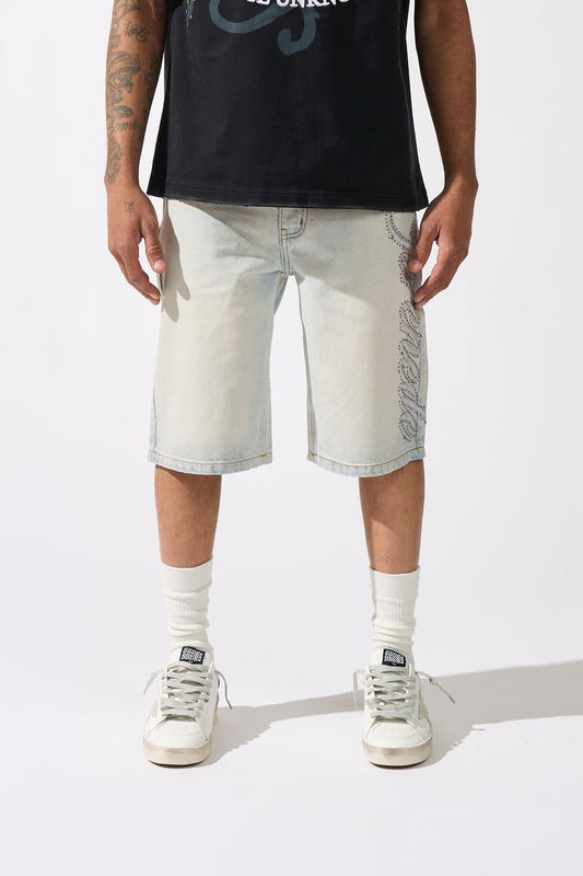 Side Script Light Denim Shorts
