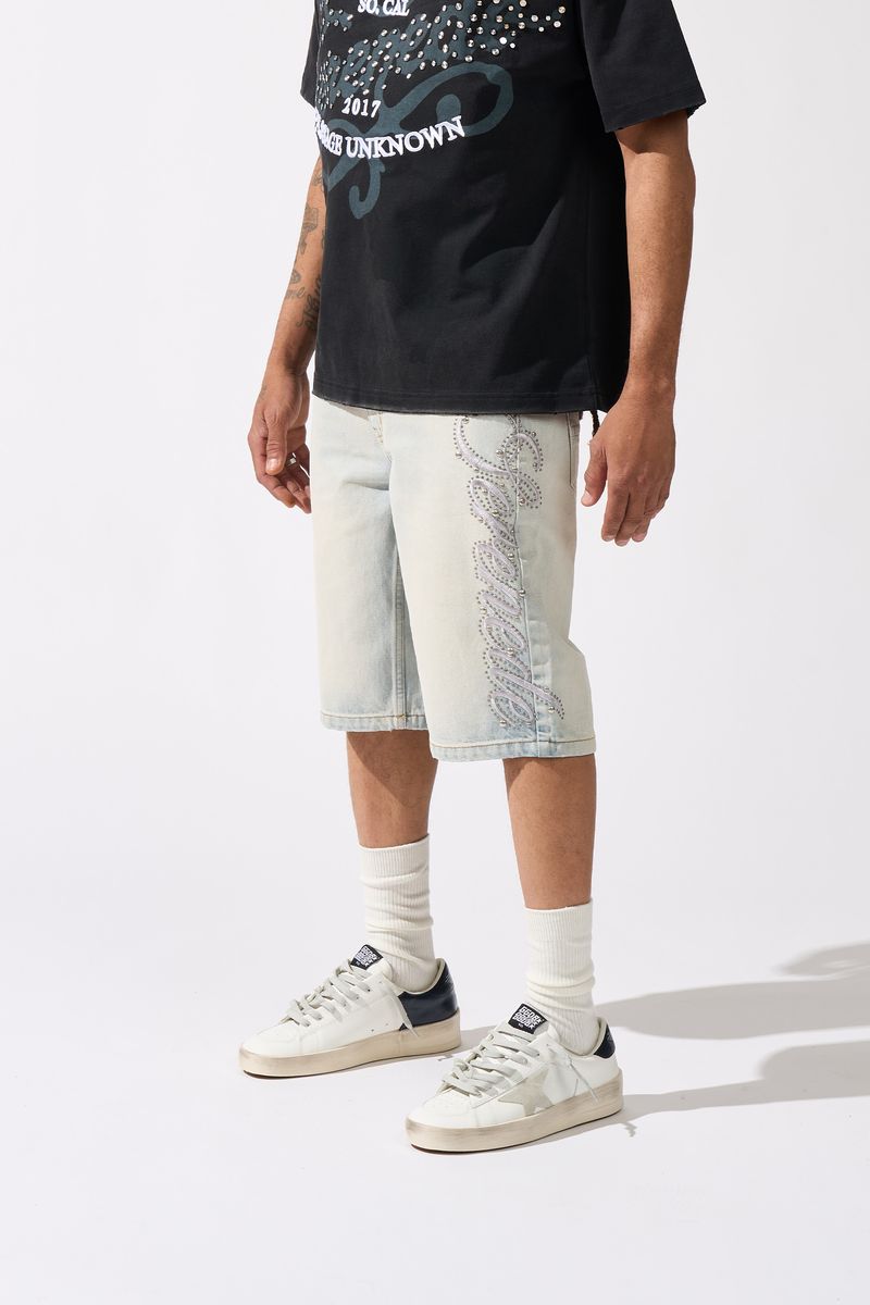 Side Script Light Denim Shorts