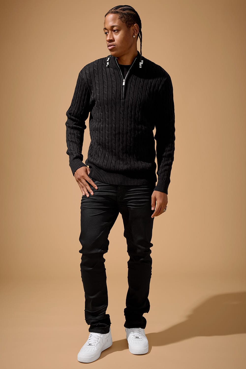 Montauk 1/4 Zip Cable Knit Sweater (Black)