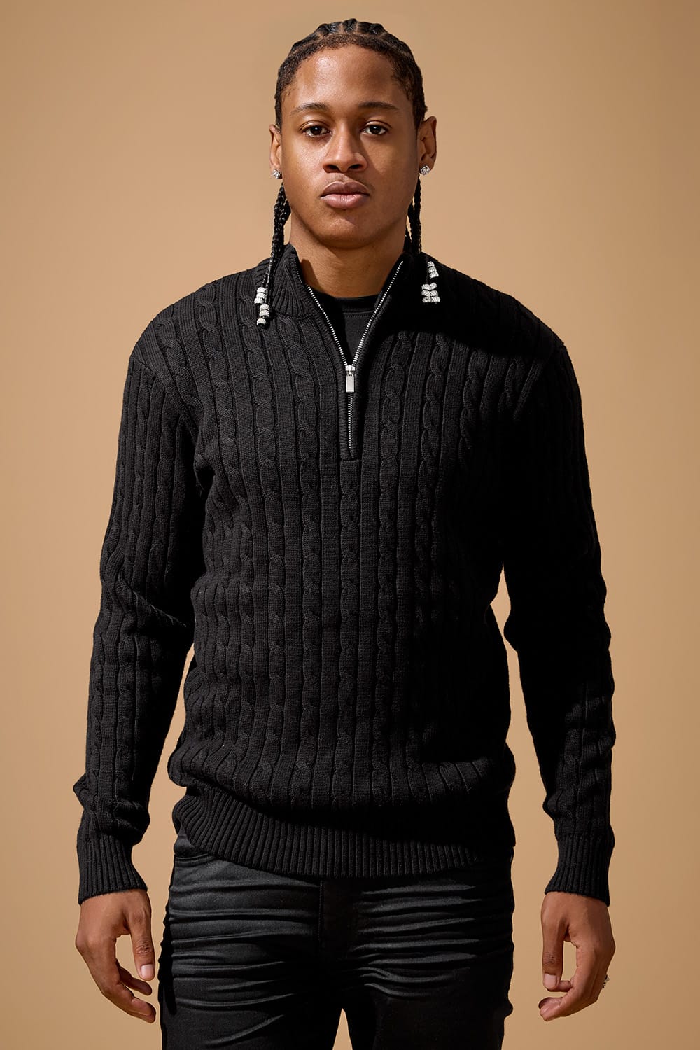 Montauk 1/4 Zip Cable Knit Sweater (Black)