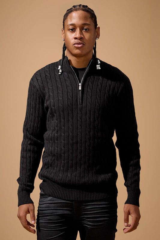 Montauk 1/4 Zip Cable Knit Sweater (Black)