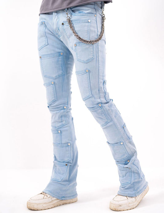 Cuban Link Mens Stacked RIVETS Jeans Blue Washed